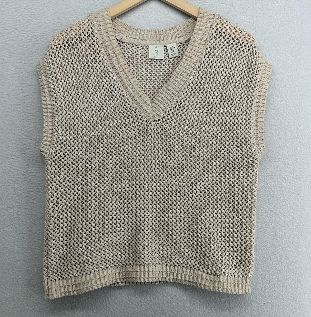 JOIE Sweater M Chenille Metallic Sequin Mesh Stitch Vest Pullover Beige Silver - Picture 1 of 10